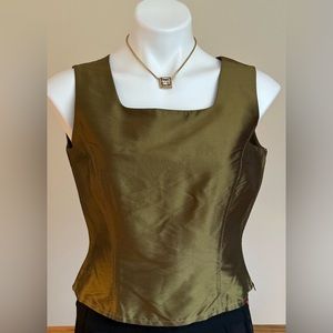Olive Green Satin Square-Neck Sleeveless Top